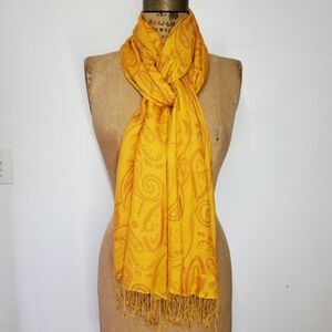 100% Silk 84x27" Scarf Wrap Nepal Abstract Paisley Fringe Saffron Orange Sarong